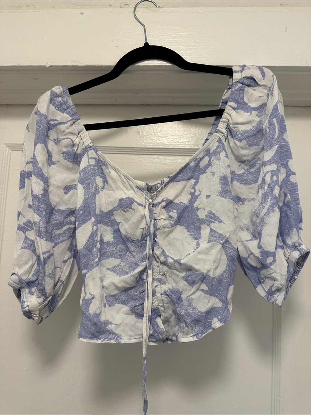 Blue and White Tie-Front Puff Sleeve Crop Top